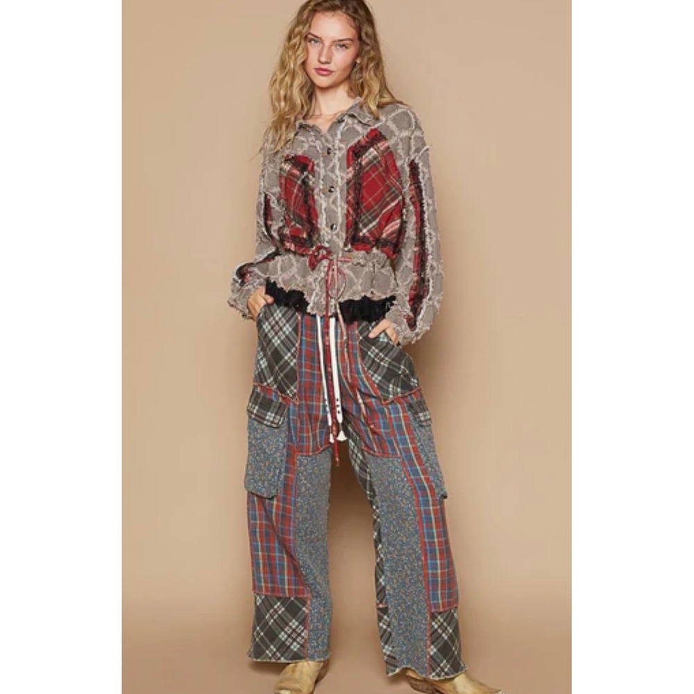 POL Distressed Patchwork Plaid Jacket Cropped Grunge Indie Sleaze